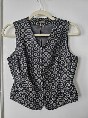 Vintage Georgiou Studio Navy and Gold Patterned V-Neck Vest